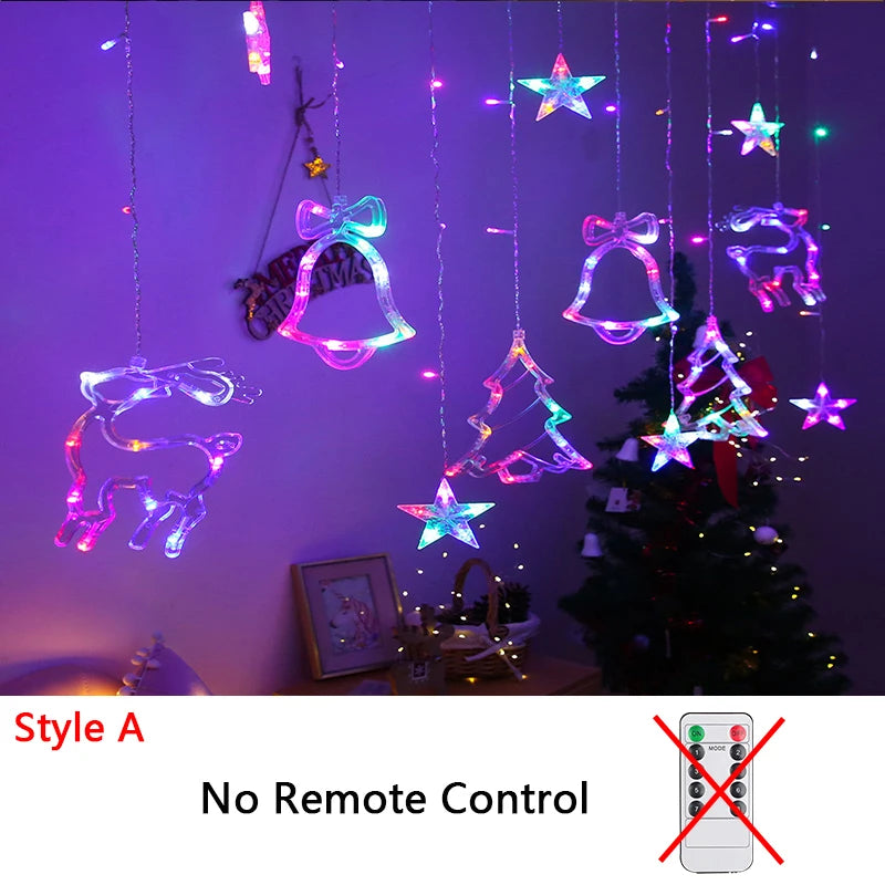 Colorful LED Christmas decorations hang from the ceiling, including reindeer, stars, bells, and trees, with glowing lights. A sign reads "No Remote Control."