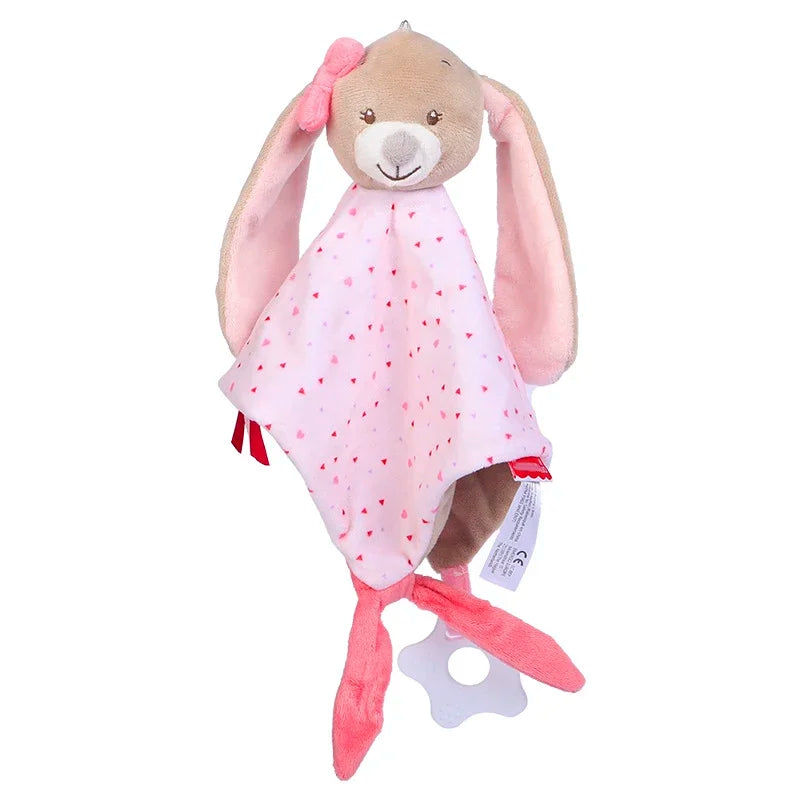 Plush rabbit comforter with long ears, pink bow, and heart-patterned blanket. Features pink limbs and attached white teether.