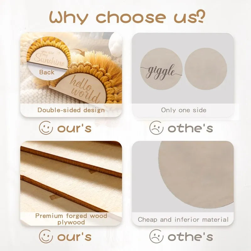 Comparison of two wooden products. Left shows double-sided design and premium wood. Right shows single-sided design and inferior material. Emoticons indicate preference for the left.