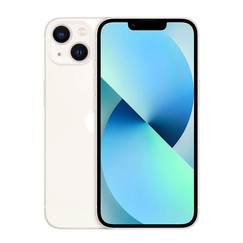 Front and back view of a white smartphone with dual rear cameras and a blue-green gradient display on the front.