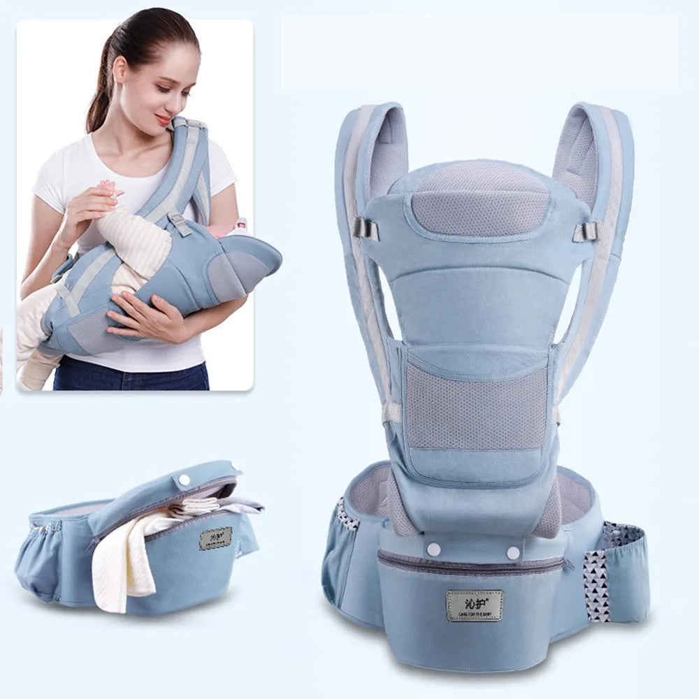 Blue baby carrier with a front zip pocket and padded straps, shown in three views. An inset image displays it in use, with a woman holding a baby in the carrier.