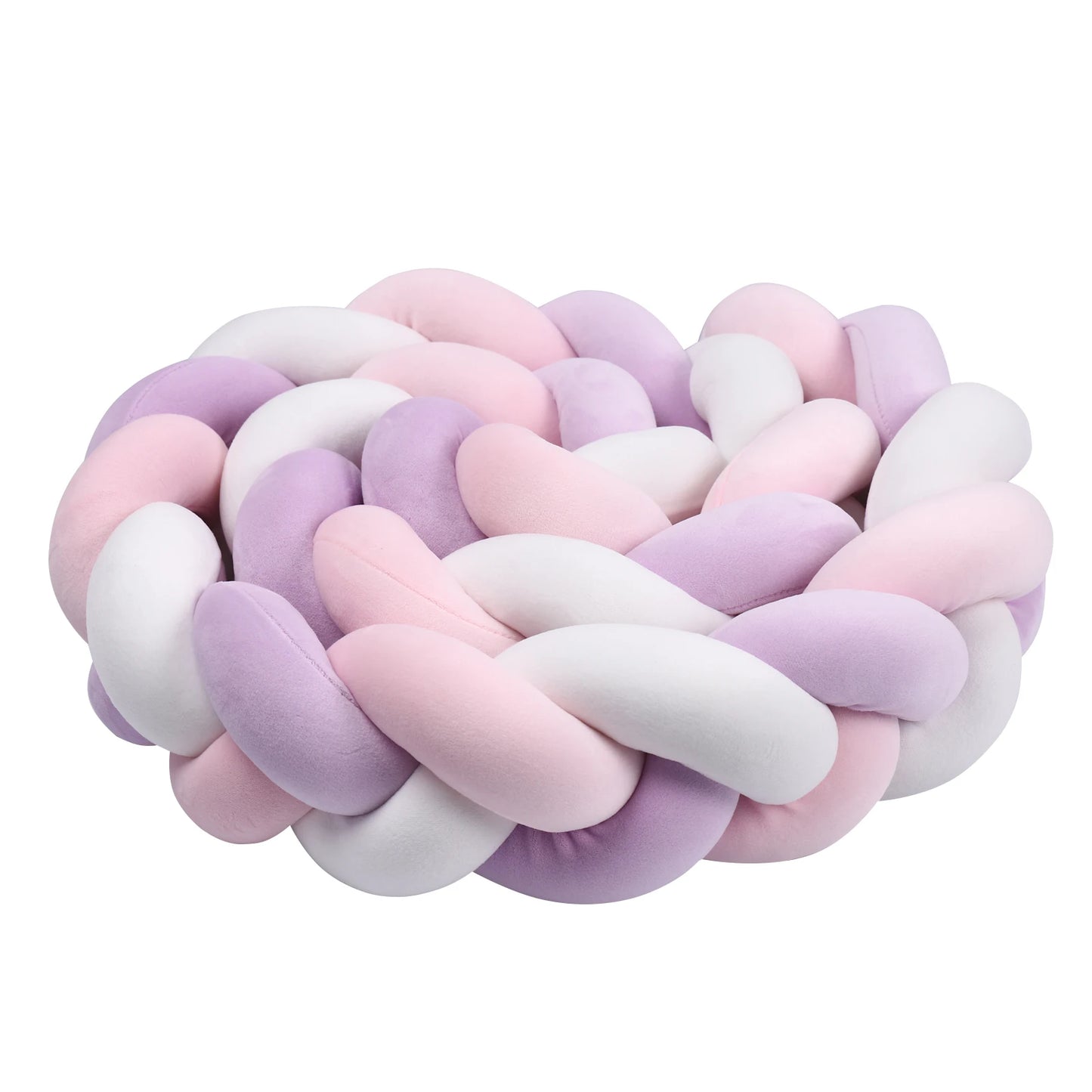Soft, braided cushion in pastel pink, purple, and white. The plush, intertwined design creates a cozy and inviting texture, ideal for decorative or practical use.