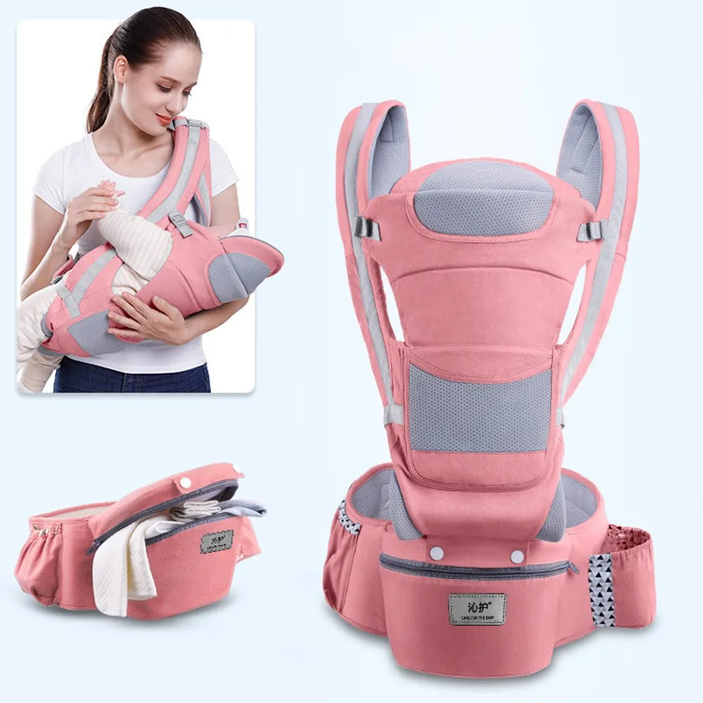 Pink baby carrier set with adjustable straps, breathable mesh lining, and storage pouches. A woman holds a baby in the carrier, demonstrating its use.