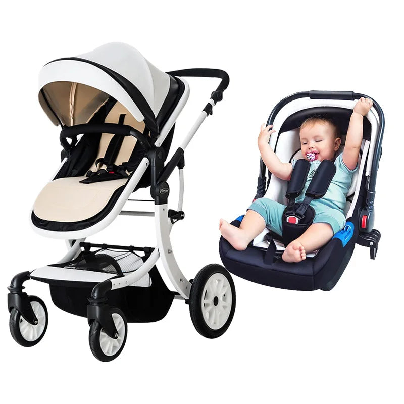 A beige and black stroller with an attached car seat. A baby wearing a teal outfit sits in the car seat, smiling with arms raised. The stroller has four large wheels.