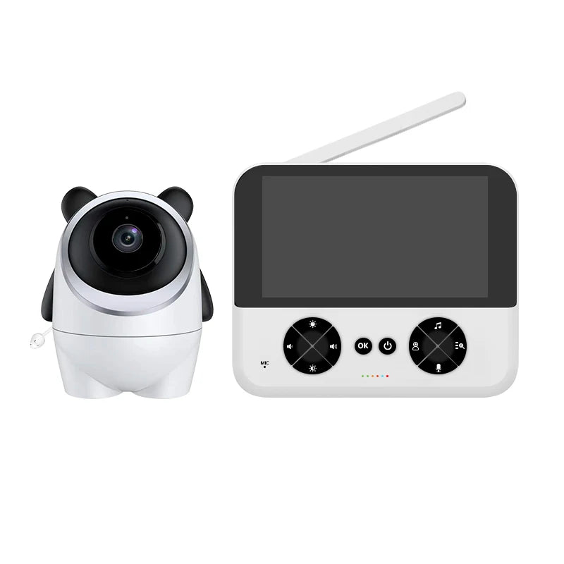Panda-themed baby monitor with a camera on the left resembling a panda head, and a rectangular monitor with an antenna and control buttons on the right.