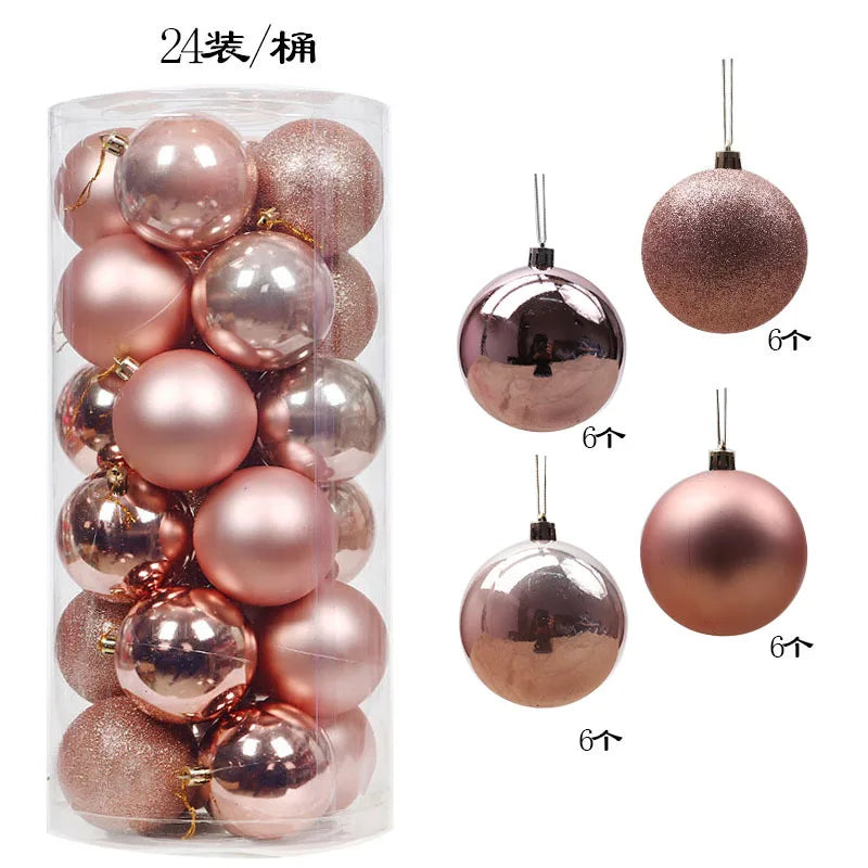 Clear container holding 24 rose gold Christmas ornaments with shiny, matte, and glitter finishes. Four ornaments shown separately, each with different textures.