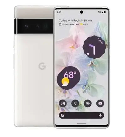 Front and back view of a smartphone showing a sleek design. The screen displays a floral wallpaper, clock widget, weather icon with 68°F, and upcoming calendar event "Coffee with Robin."