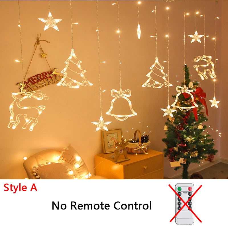 Hanging Christmas lights in reindeer, star, tree, and bell shapes glow warmly in a decorated room with a small Christmas tree. Sign reads "Merry Christmas." Text indicates no remote control.