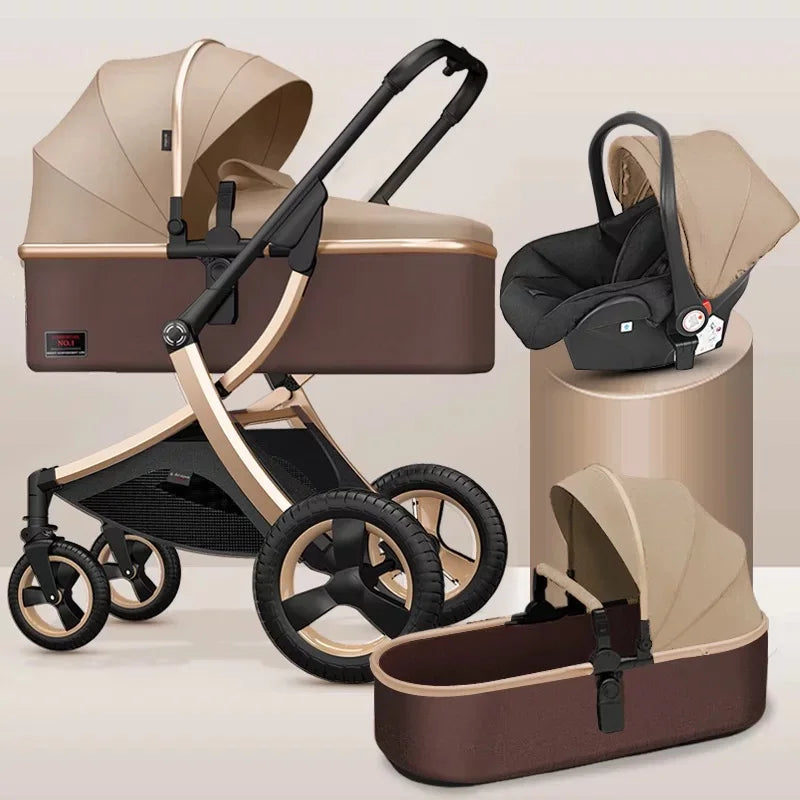 A stylish, beige and brown 3-in-1 baby stroller set, featuring a bassinet stroller, a detachable infant car seat, and an extra carrycot on a neutral backdrop.