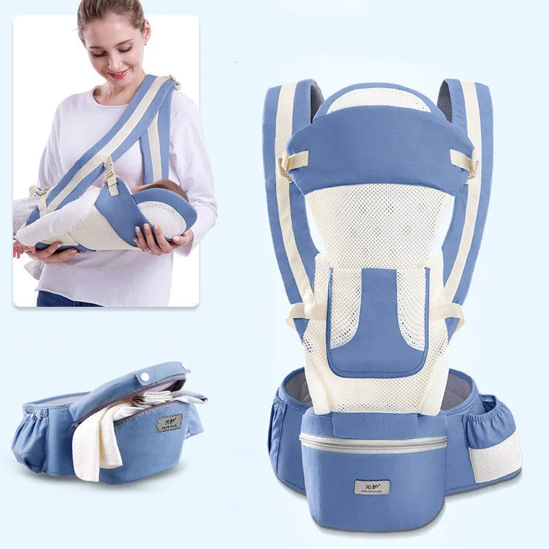 Blue and white baby carrier with breathable mesh and padded straps. Includes waist support and storage pockets. Inset shows a person using the carrier to hold a baby.