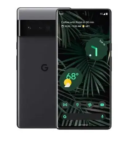 Front and back view of a smartphone with a dark finish. The screen displays a weather widget, 68°F, and a calendar event, "Coffee with Robin in 30 min," over a leafy wallpaper.