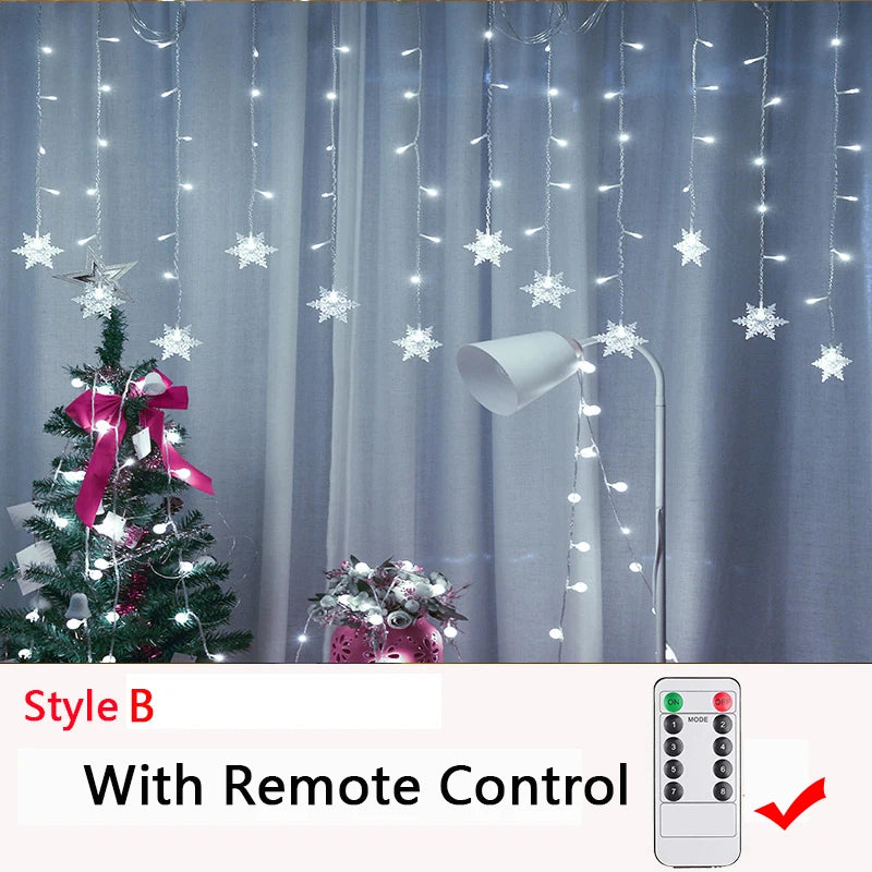 Christmas tree with red ribbon next to curtain decorated with snowflake string lights. A remote control is shown; floor lamp with string lights is also visible.