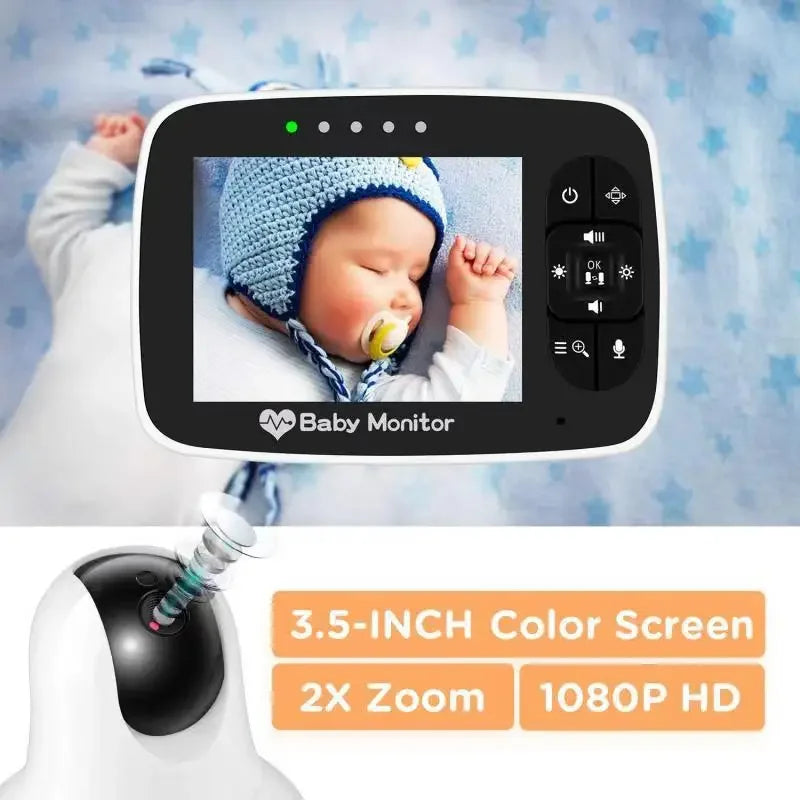 Baby monitor displaying a sleeping infant on its 3.5-inch color screen, featuring 2X zoom and 1080P HD. The baby wears a blue hat and pacifier, resting on a star-patterned blanket.