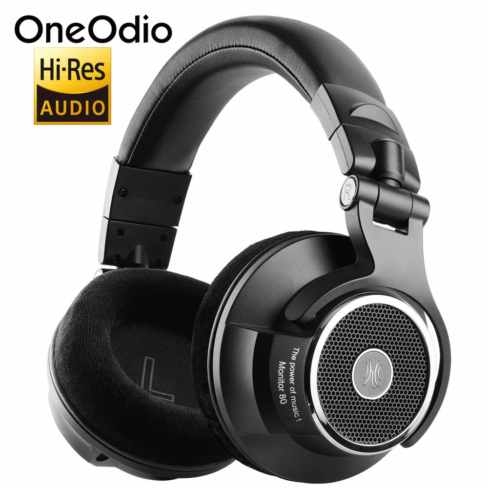 Black over-ear OneOdio Hi-Res Audio headphones with cushioned ear pads and adjustable headband. Designed for comfort and high-quality sound, featuring the text "The power of music! Monitor 80".