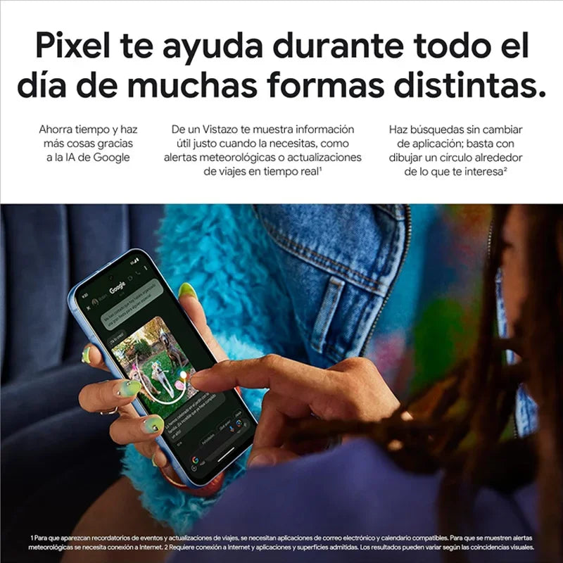 Person holds a Pixel phone, using Google Lens to get information by drawing a circle around objects. Text highlights Pixel’s AI features and real-time updates.