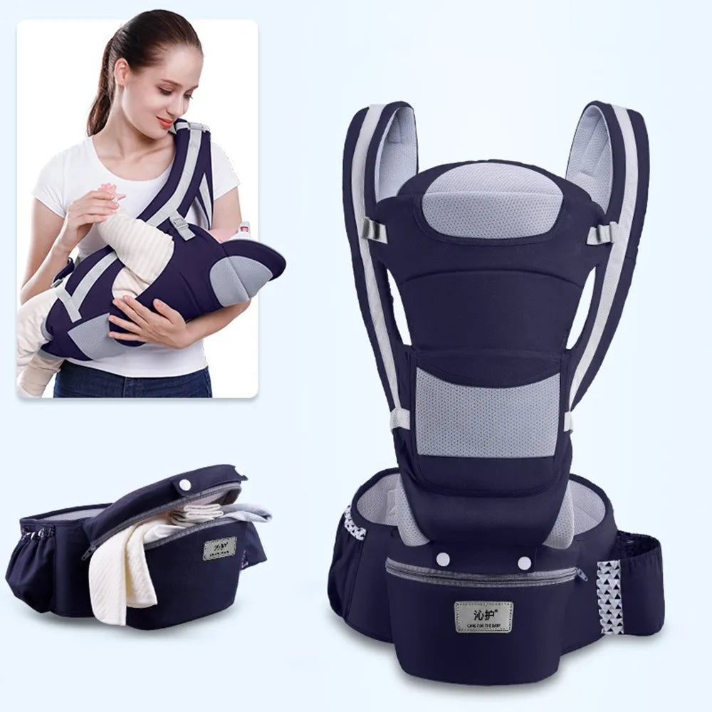 Purple baby carrier showcasing ergonomic design with mesh panels and padded straps. Inset image of a person wearing the carrier, holding a baby facing them. Portable storage pouch included.