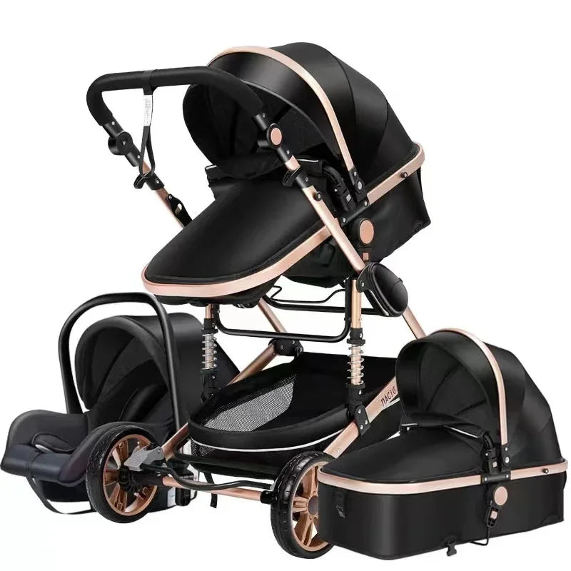 Black and rose gold modular baby stroller with car seat, bassinet, and adjustable handlebar. Features include a sun canopy, storage basket, and suspension wheels.