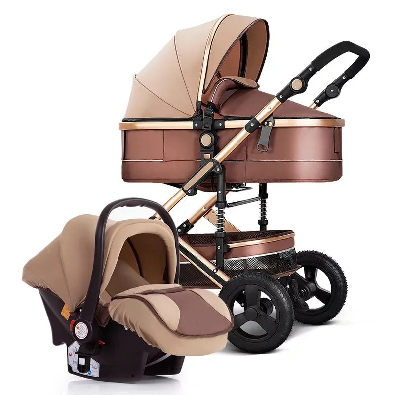 Brown and beige baby stroller with a detachable carrycot and matching infant car seat. The stroller features large black wheels, a basket underneath, and a foldable canopy.