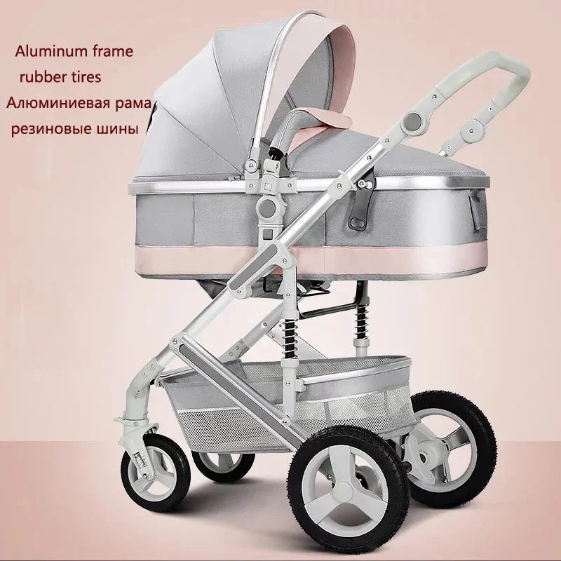 Gray and pink baby stroller with aluminum frame and rubber tires, featuring a basket underneath. The text highlights aluminum construction and rubber tires in English and Russian.