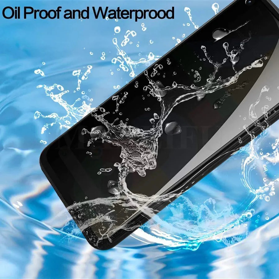 A smartphone splashed with water demonstrates its oil-proof and waterproof capabilities, with text stating "Oil Proof and Waterproof" on a blue watery background.