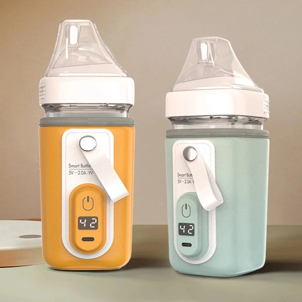 Two smart baby bottles with digital displays showing "42." One is orange; the other, light blue. Both feature a transparent cap and a power button on the front.