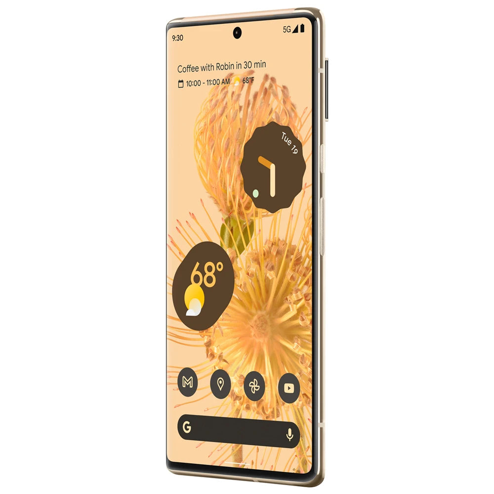 Smartphone with a floral wallpaper displays a calendar reminder, weather widget showing 68°F, and time at 9:30. Icons for apps are visible at the bottom of the screen.