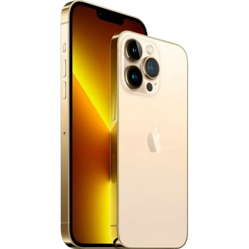 Gold smartphone with a sleek design, featuring a glowing yellow screen and a triple-camera setup on the back. The device has a polished frame and an Apple logo.