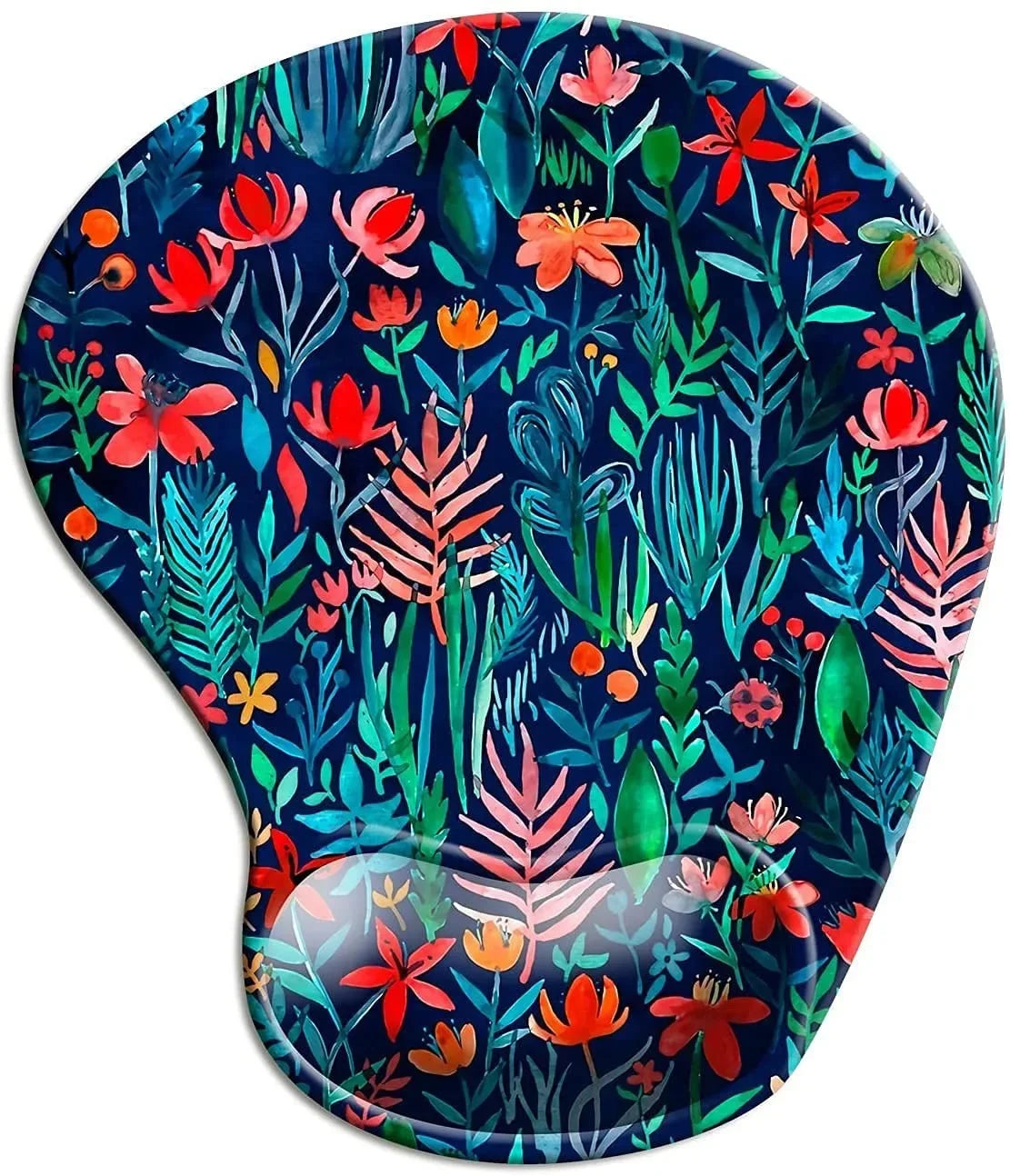 Ergonomic mouse pad with a wrist support, featuring a colorful, vibrant floral pattern with red, orange, and pink flowers on a dark blue background.