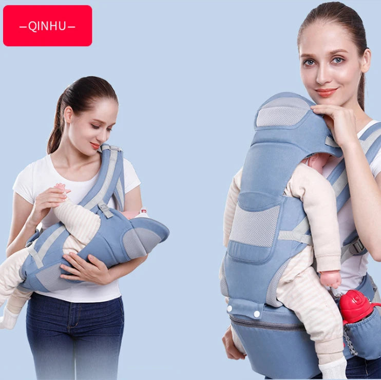 A woman wears a light blue baby carrier holding an infant dressed in cream. The baby, sleeping in the front view, appears snug in the side view, with a bottle tucked in the carrier's pocket.