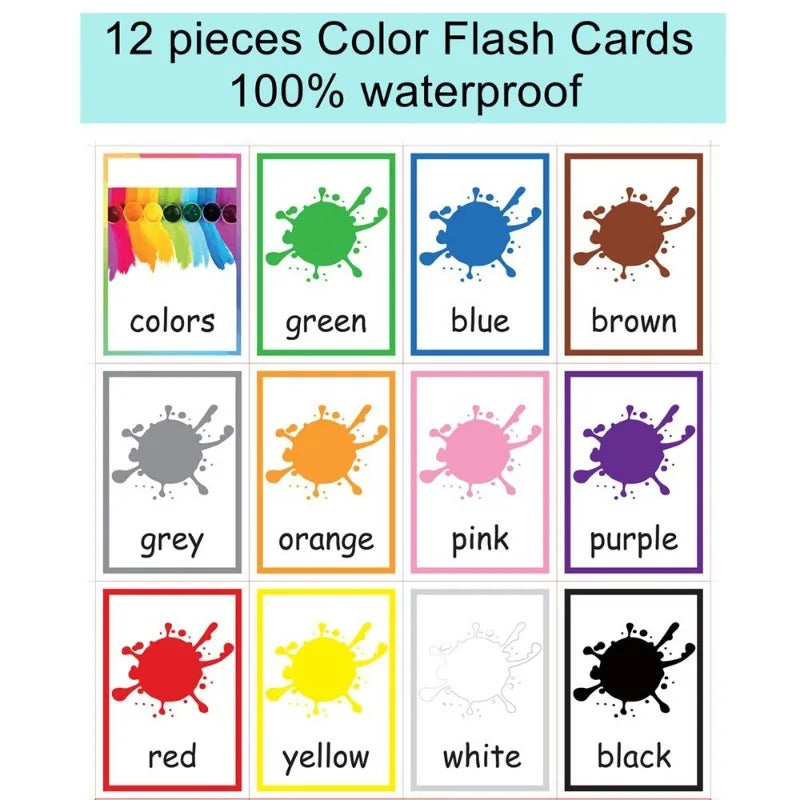 Set of 12 waterproof color flash cards featuring splatter designs for colors: green, blue, brown, grey, orange, pink, purple, red, yellow, white, and black.