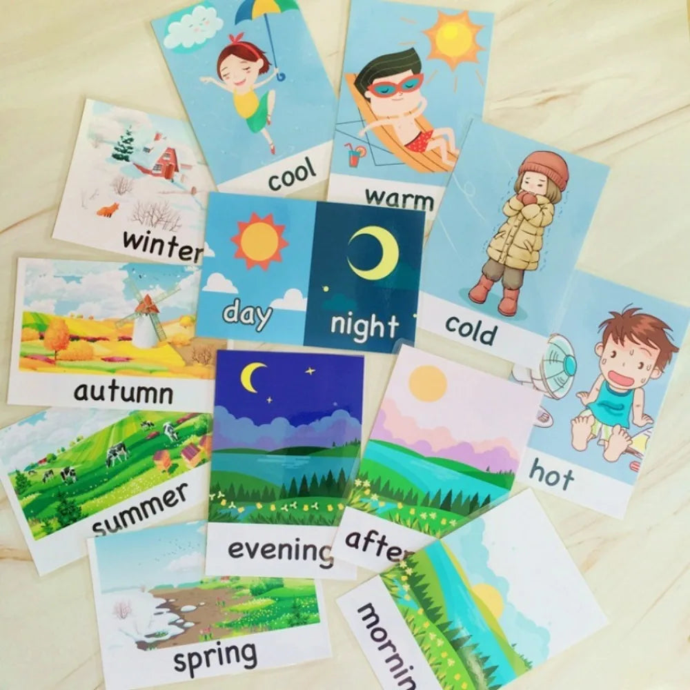 Illustrated flashcards depicting seasons and temperatures, such as summer, winter, warm, and cold, along with time concepts like morning, afternoon, day, and night.