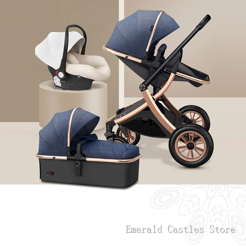 A three-piece baby travel set featuring a blue stroller with gold accents, matching bassinet, and a white infant car seat. Background shows a beige and brown setting.