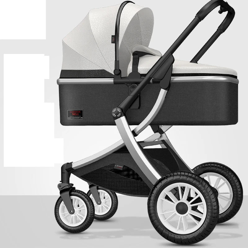 Sleek, modern baby stroller with black and white design, featuring a white hood and bassinet, sturdy frame, and four large wheels for easy maneuverability on various surfaces.