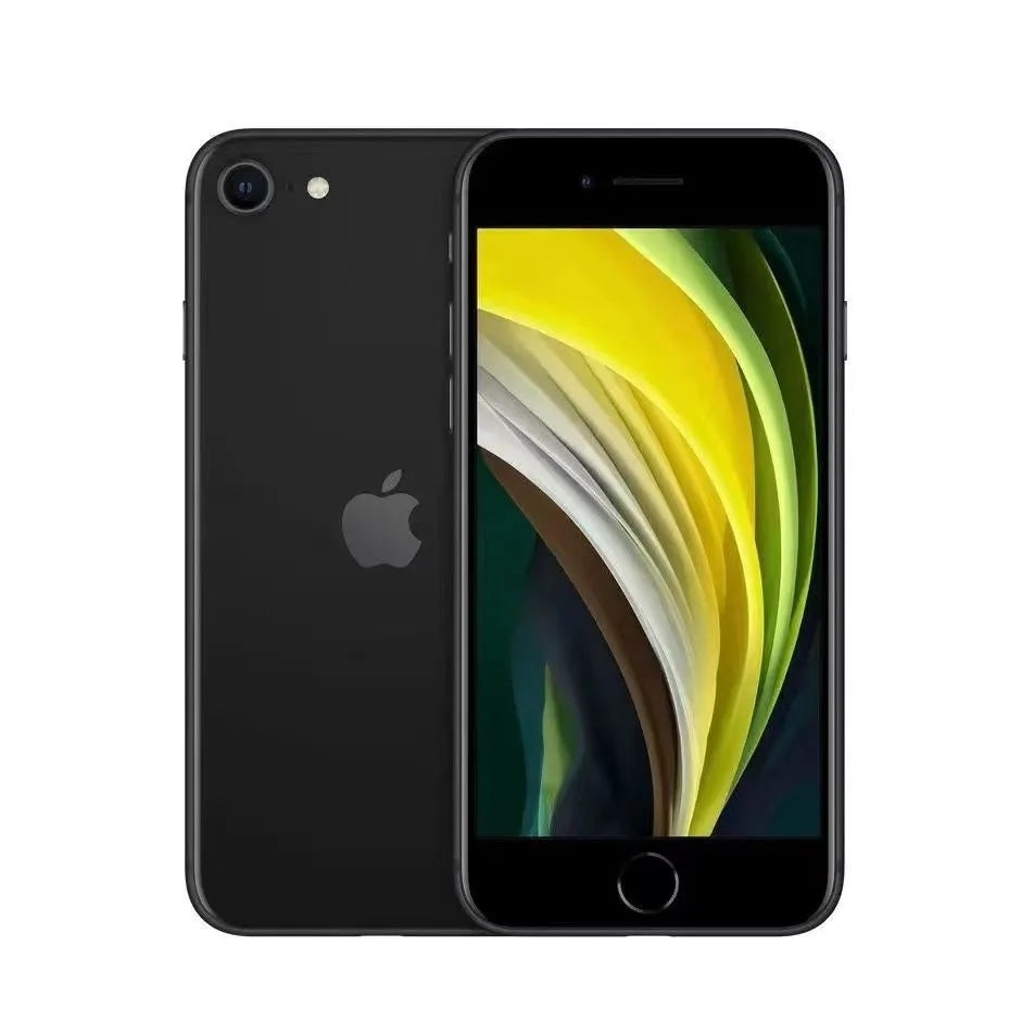Black smartphone with a colorful abstract display design. The phone has a single rear camera and a round home button on the front.