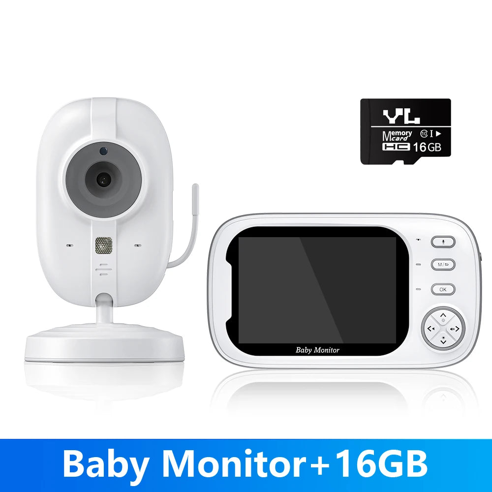 White baby monitor set with camera and handheld display screen. Includes a 16GB memory card. The text "Baby Monitor +16GB" is on a blue background below.