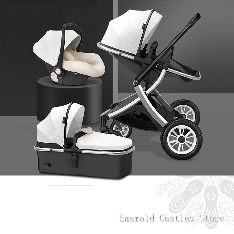 White and black modular stroller set with detachable components. Includes a car seat, bassinet, and stroller frame, displayed against a dark background.