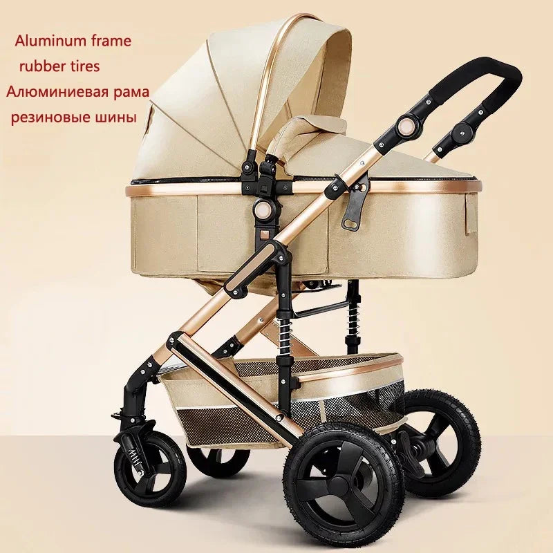 Luxurious beige baby stroller with an aluminum frame and black rubber tires. It features an adjustable handle and canopy, shown on a neutral background.