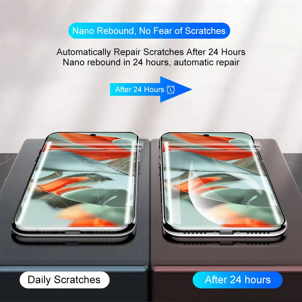 Side-by-side comparison of a phone screen, with scratches on the left and a clear screen on the right. Text highlights nano technology that repairs scratches in 24 hours.