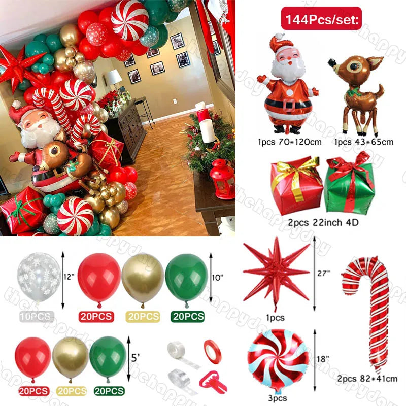 Christmas decoration set with 144 pieces, including Santa and reindeer inflatables, various balloons, red star, candy cane, and gift boxes. Festive balloon arch shown in a living room.