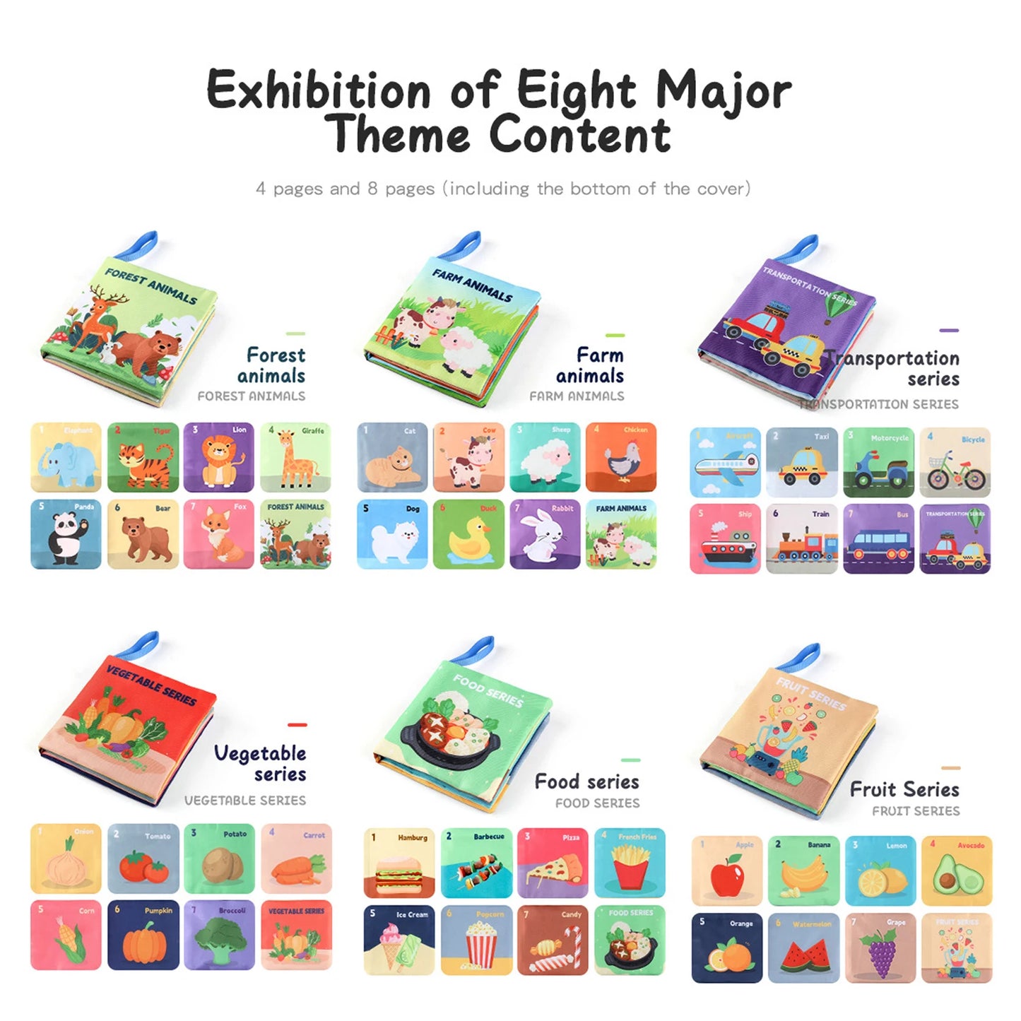 Image displaying a children's book set with themes: Forest Animals, Farm Animals, Transportation, Vegetables, Food, and Fruits. Each book shows colorful illustrations and titles.