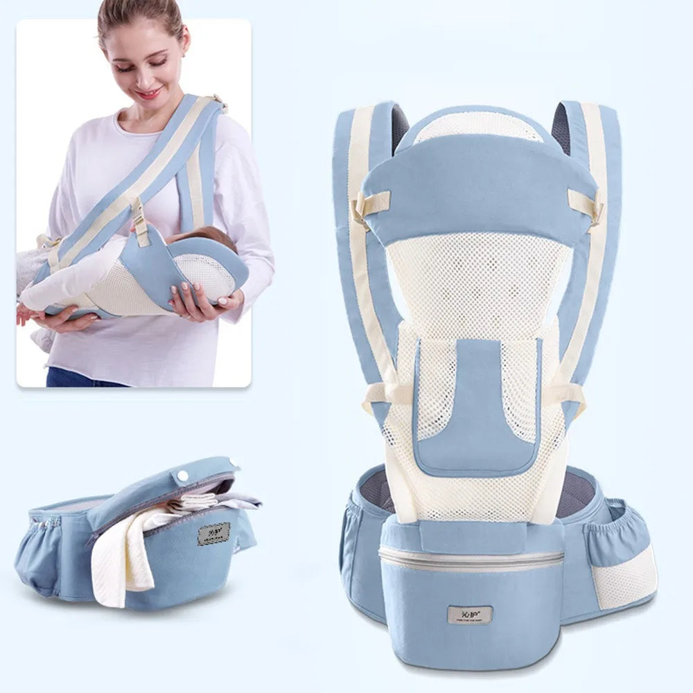 Blue and white baby carrier set with mesh and padded straps. Includes detachable seat shown in close-up. Inset image of person using the carrier while holding a baby.