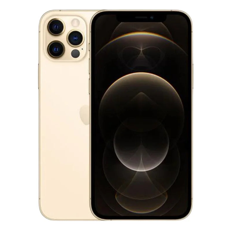 Gold smartphone with a triple-camera setup and LiDAR sensor on the back. The screen displays a dark abstract design with circular patterns, creating a sleek and modern look.