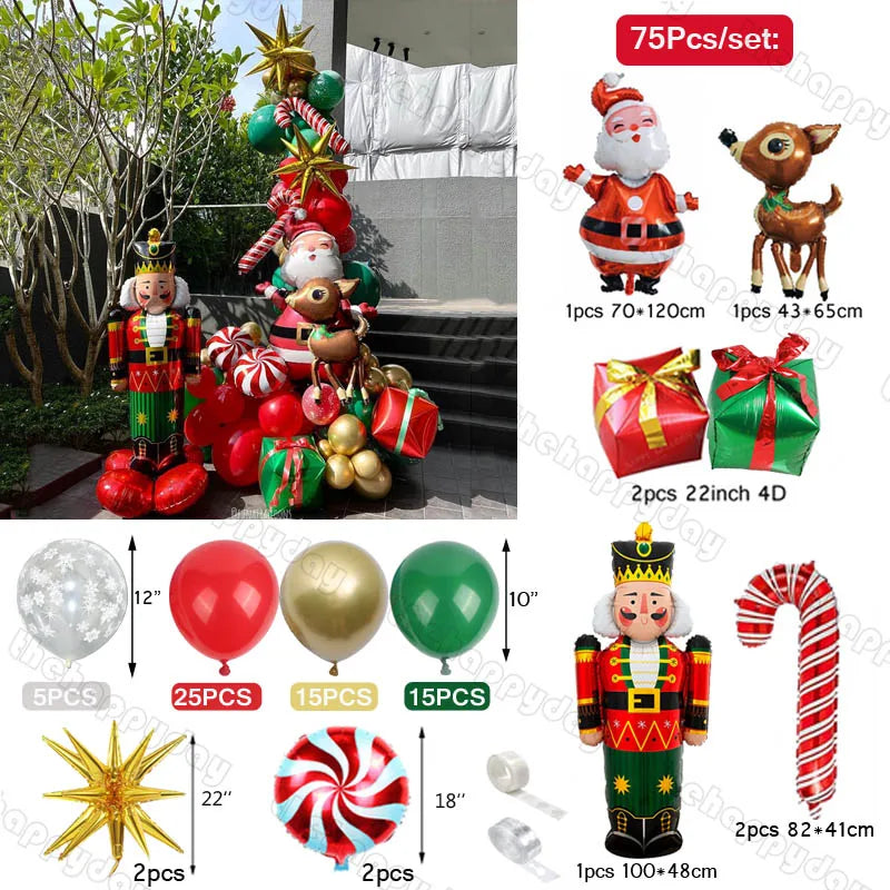 Christmas balloon set with nutcracker, Santa, reindeer, gifts, and candy canes. Includes red, green, gold balloons, stars, and striped circles. Outdoor setup shown on left.
