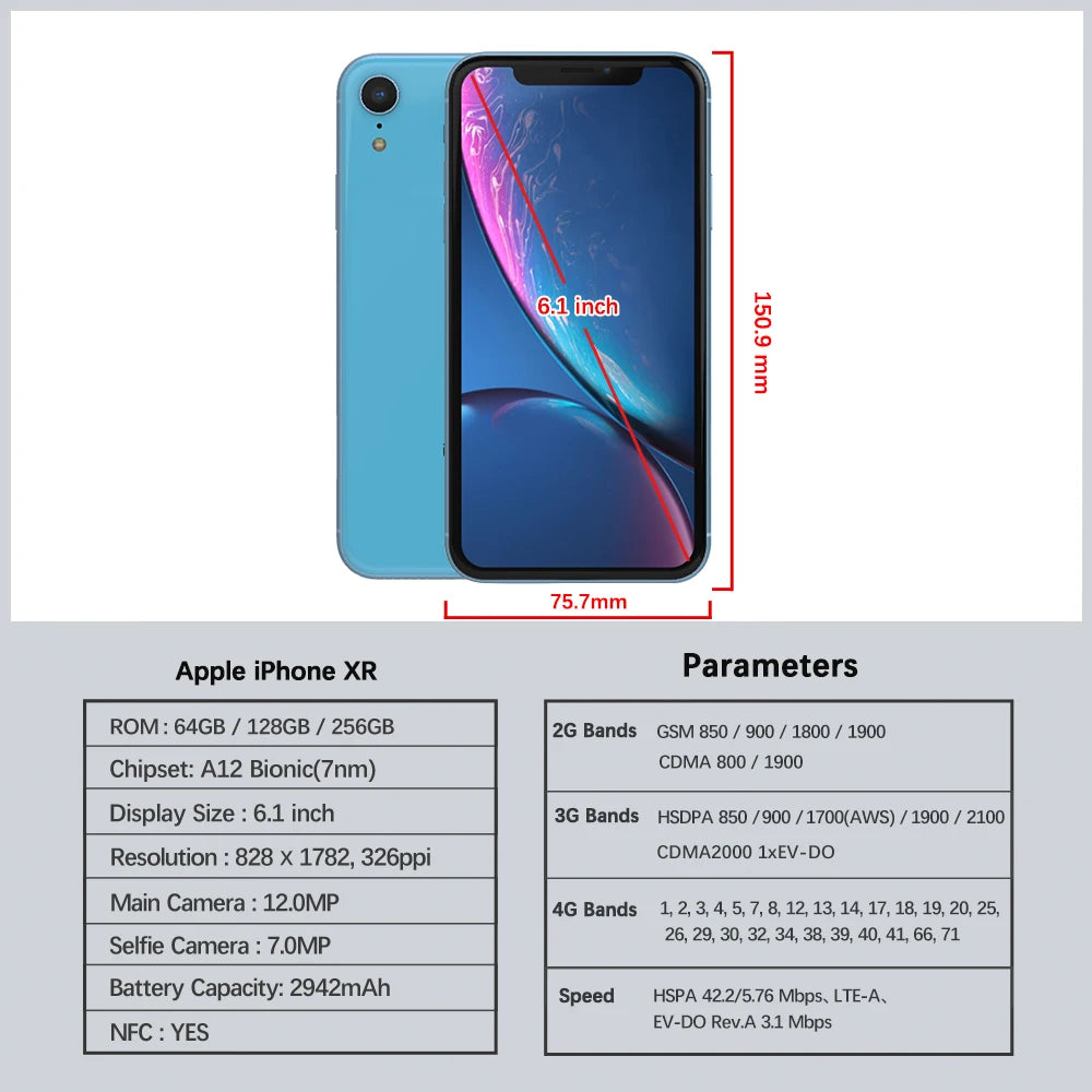 Blue iPhone XR with a 6.1-inch display. Dimensions: 150.9mm x 75.7mm. Specs: A12 Bionic chip, 64/128/256GB storage, 12MP rear, 7MP front camera, 2942mAh battery, NFC.