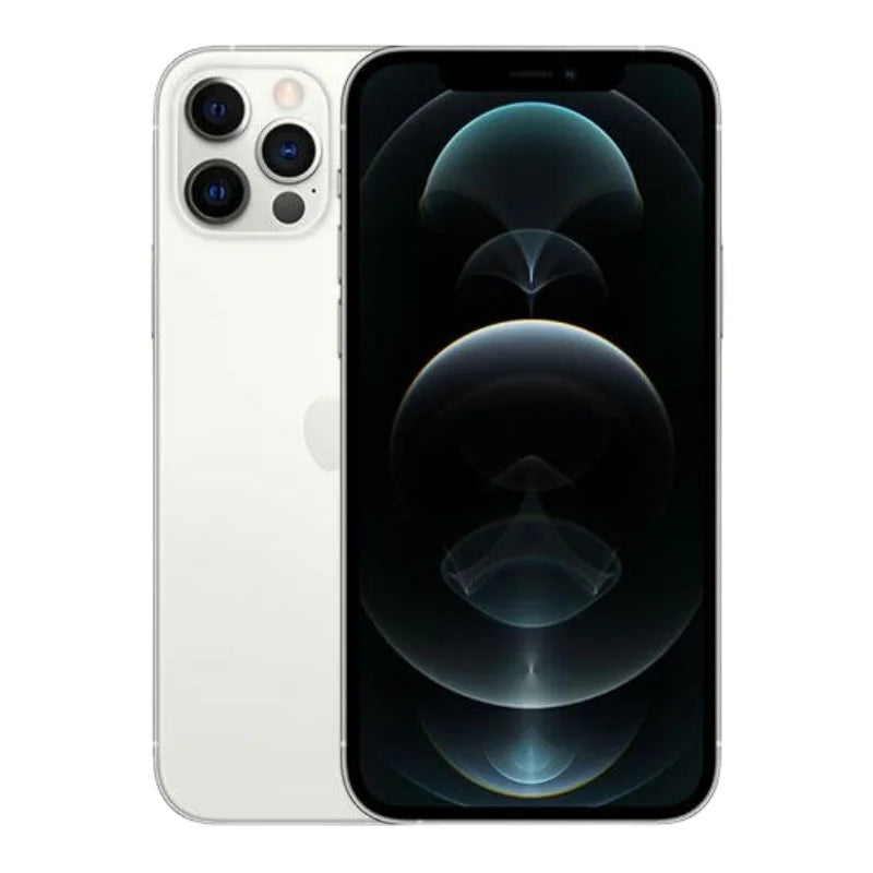 Silver smartphone with a triple-camera setup and a sleek display featuring abstract patterns. The phone is shown from both front and back, highlighting its premium design.