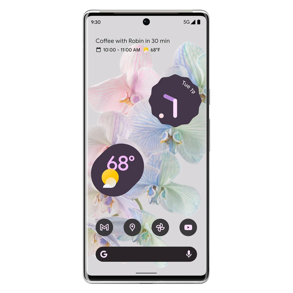 Smartphone home screen showing a floral wallpaper, 68°F weather widget, calendar event reminder, and app icons for mail, maps, and YouTube.
