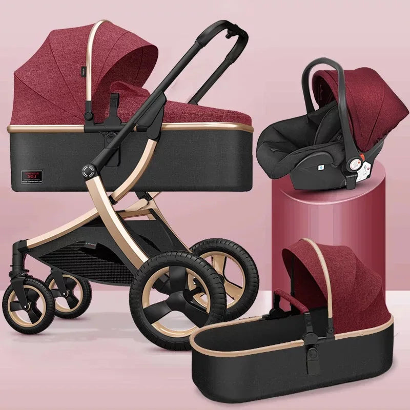 Red and black 3-in-1 baby stroller set on a pink background. Includes a stroller, car seat, and bassinet, each with gold accents and ergonomic design.