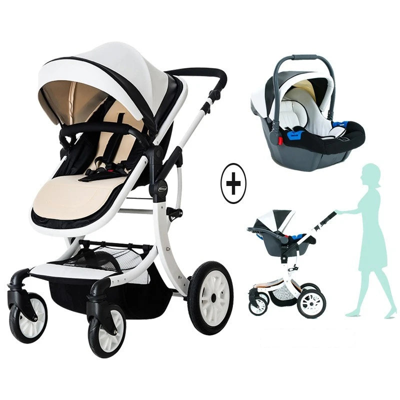 Modern white stroller with beige seat and matching car seat. Illustrated woman pushes stroller with car seat attached.
