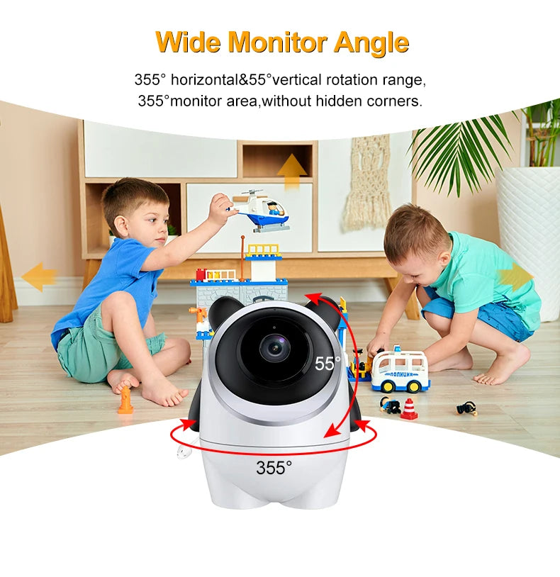 Children play with toys in a room, while a camera with a 355° horizontal and 55° vertical rotation range monitors from the foreground. Text highlights wide monitor angle features.
