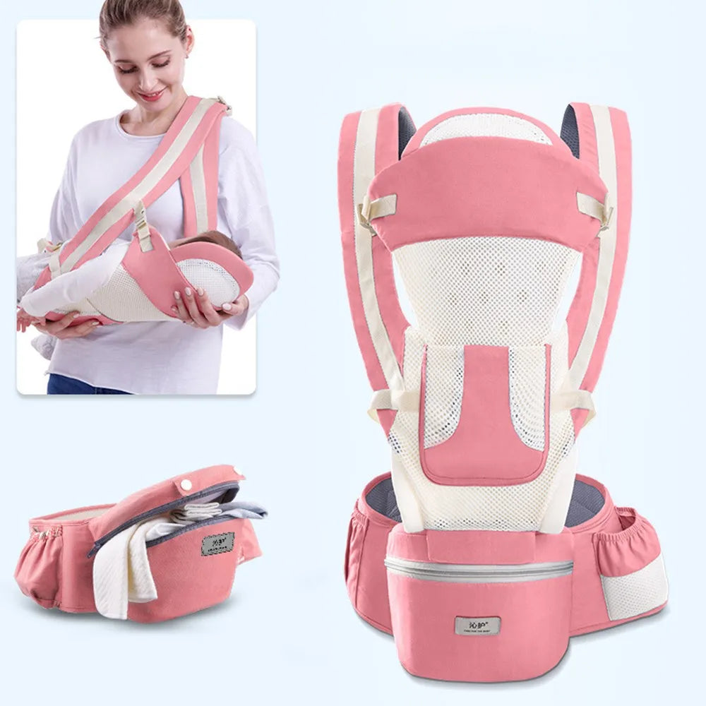 Pink and white baby carrier with convertible design, featuring zippered pockets and wide straps. Inset shows a woman carrying a baby using the detachable hip seat.